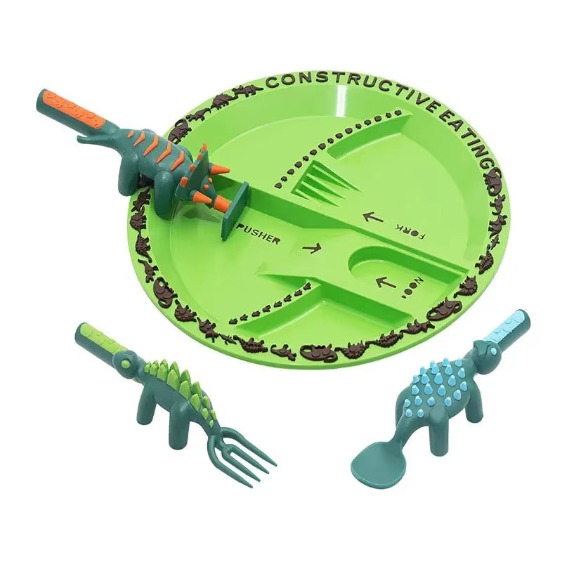 Festival Kids Tableware Suit Bulldozer Excavator Shovel Plate Fork Spoon Dinnerware Set Children Dinosaur Tableware Gadget